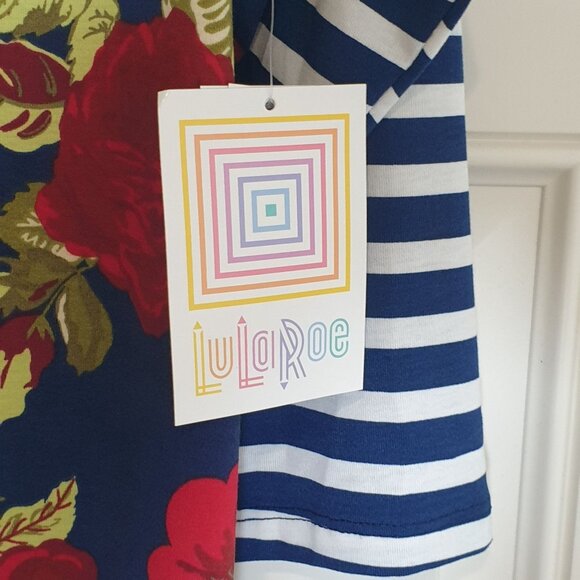 LuLaRoe Randy M Women Floral Rose Striped Raglan Sleeve Top Blouse Casual Blue - Picture 4 of 8